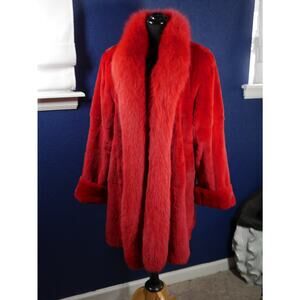 Stunning Cherry Red Sheared Mink Fox Swing Fur Coat Jacket Reversible to Leather
